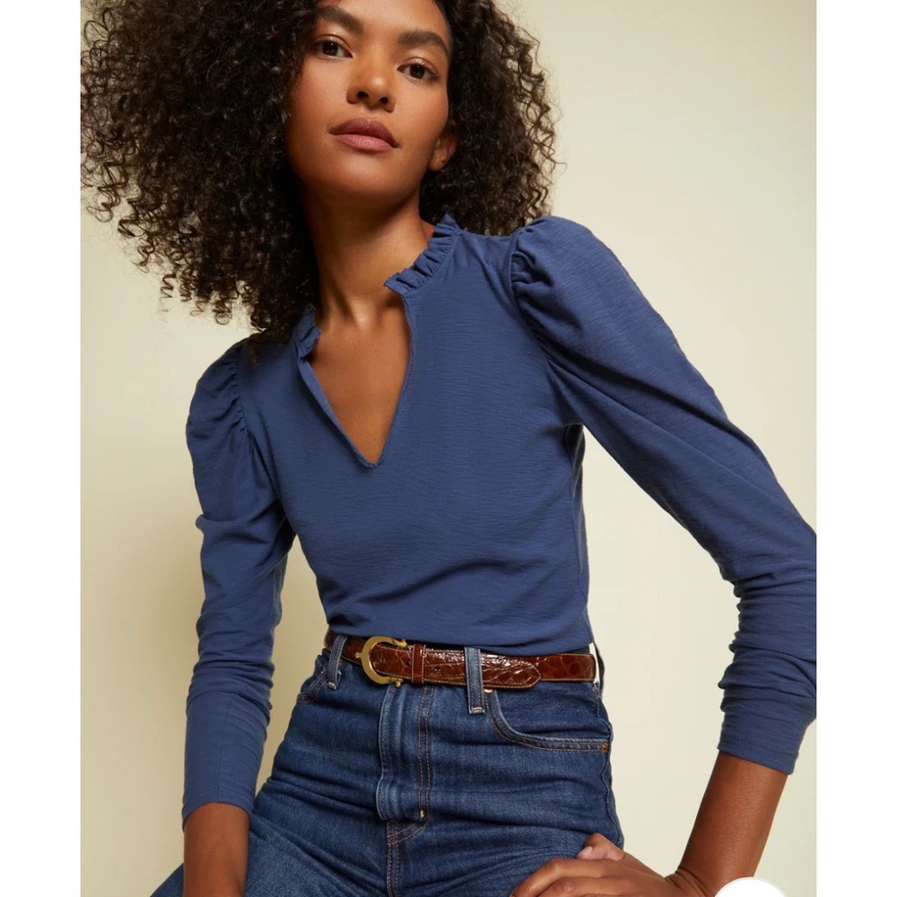Nation LTD Blue Long Sleeve Ruffled V-Neck Top